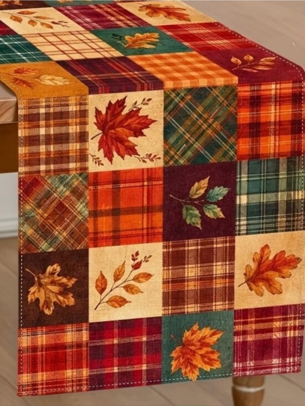 Autumn Plaid Patchwork Table Runner - Fall Leaves 13 X 48